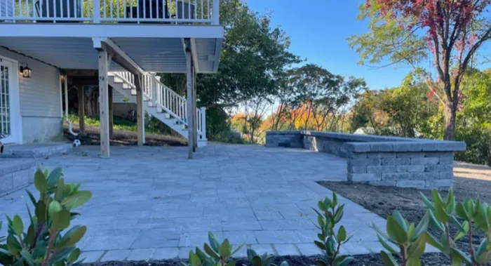 Stone hardscape patio with steps